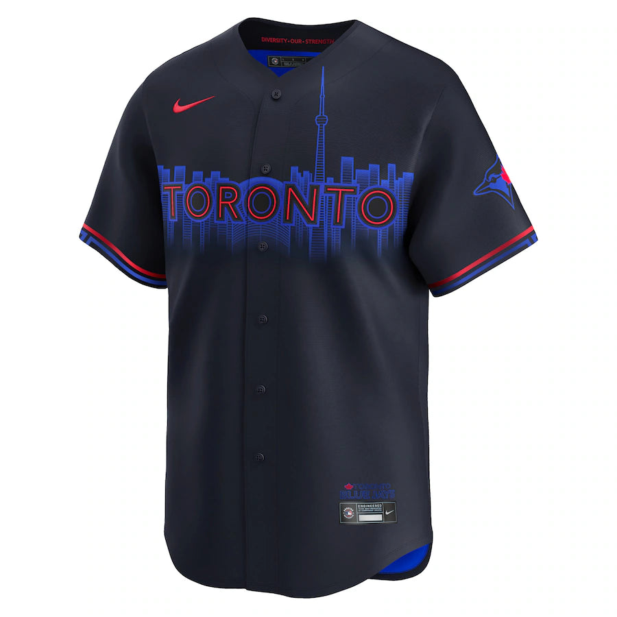 thumbnail interactive-video image 1 of Bo Bichette Toronto Blue Jays 2024 City Connect Tee – Navy Player Shirt, Regular Fit, 100% Cotton 1 of 9